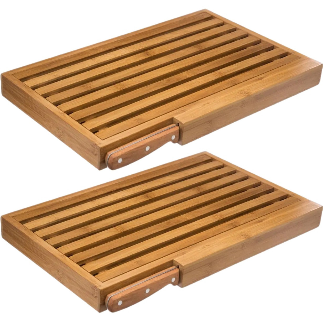 2x Stuks brood snijplank met kruimel opvangbak 44 x 27 cm van bamboe hout inclusief broodmes