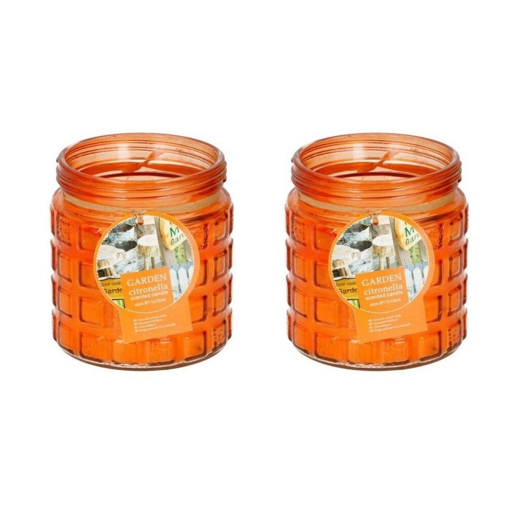 2x stuks citronella kaarsen tegen insecten in glazen pot 12 cm oranje