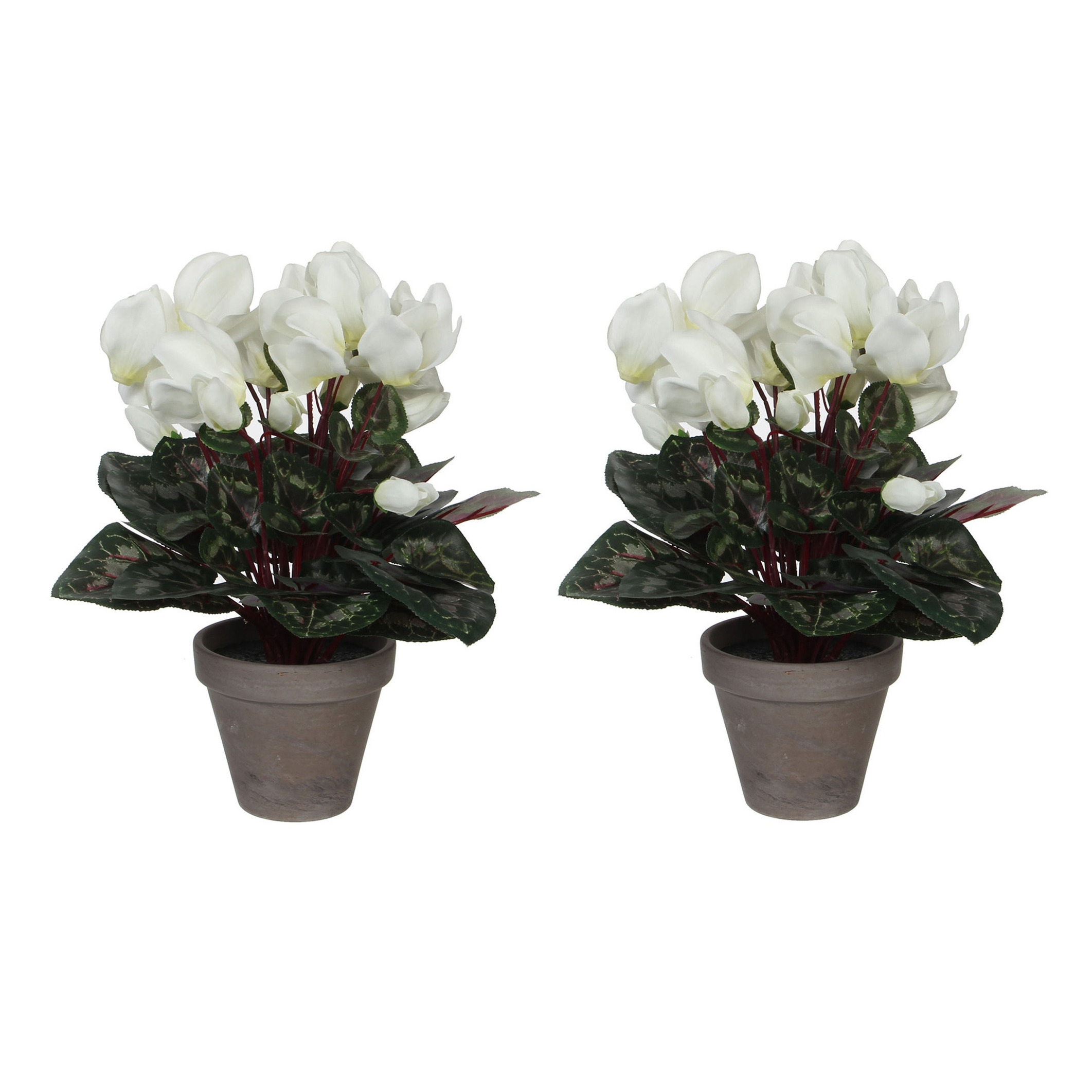 2x stuks cyclaam kunstplanten wit in keramieken pot H30 x D30 cm