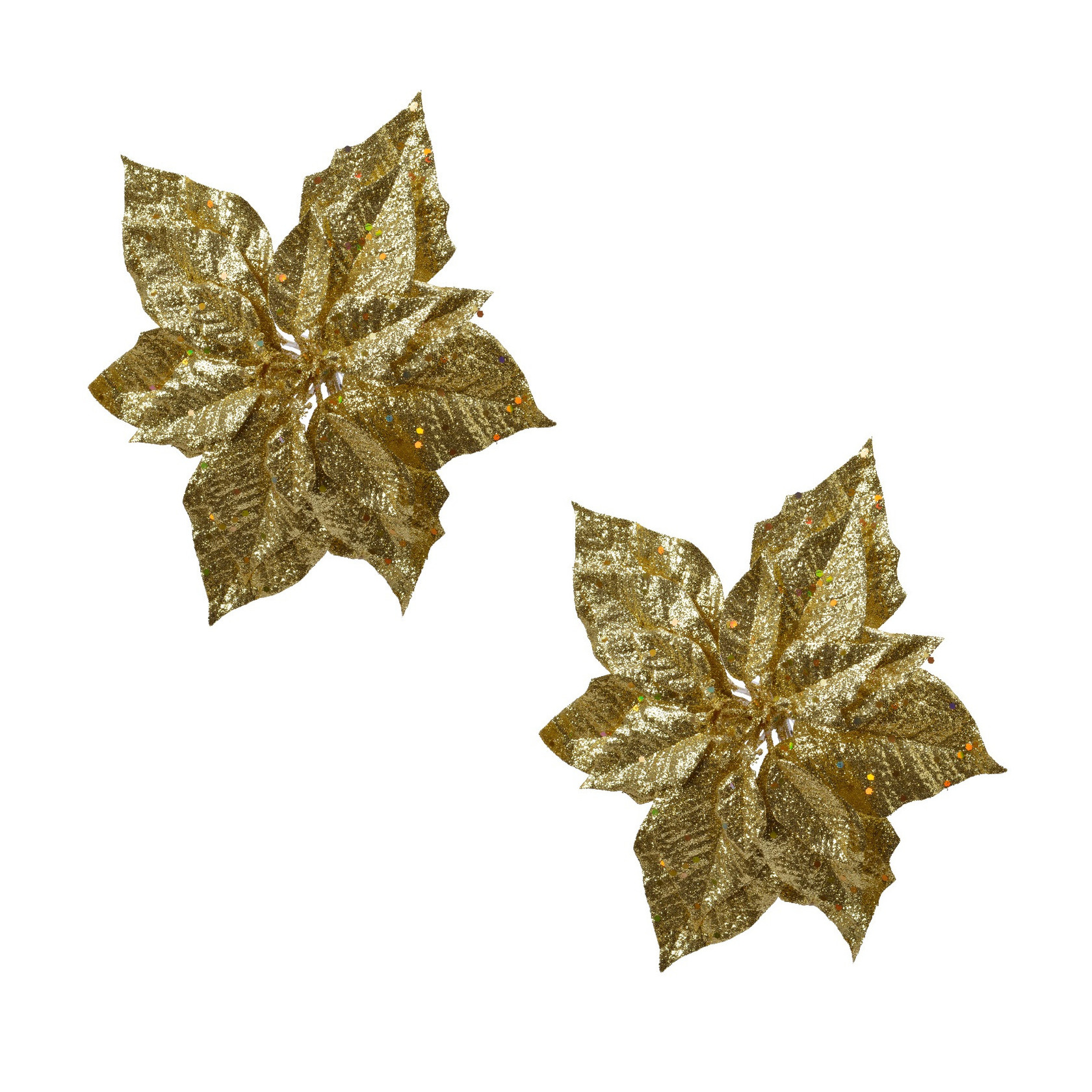 2x stuks decoratie bloemen kerstster goud glitter op clip 23 cm