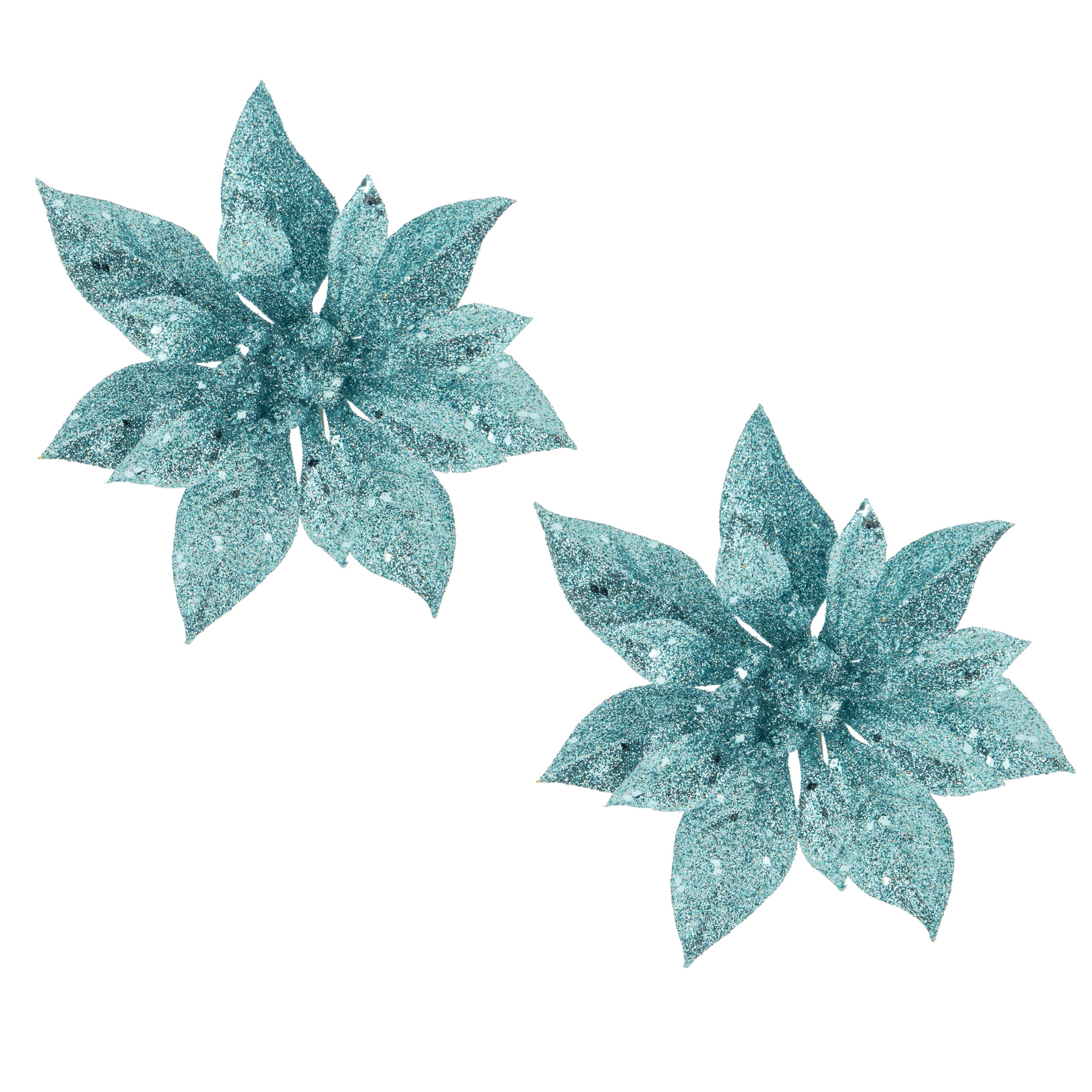 2x stuks decoratie bloemen kerstster ijsblauw glitter op clip 15 cm