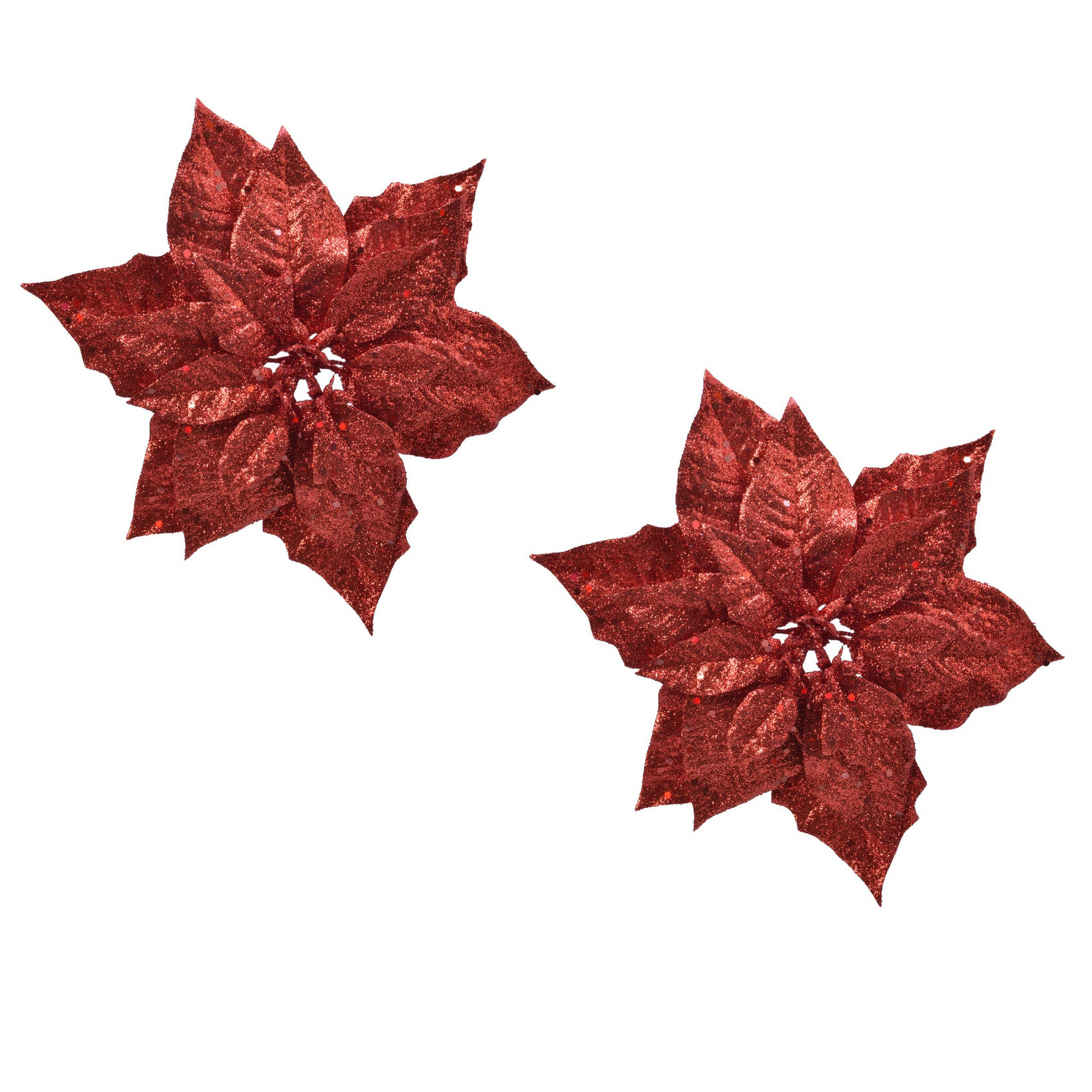 2x stuks decoratie bloemen kerstster rood glitter op clip 23 cm