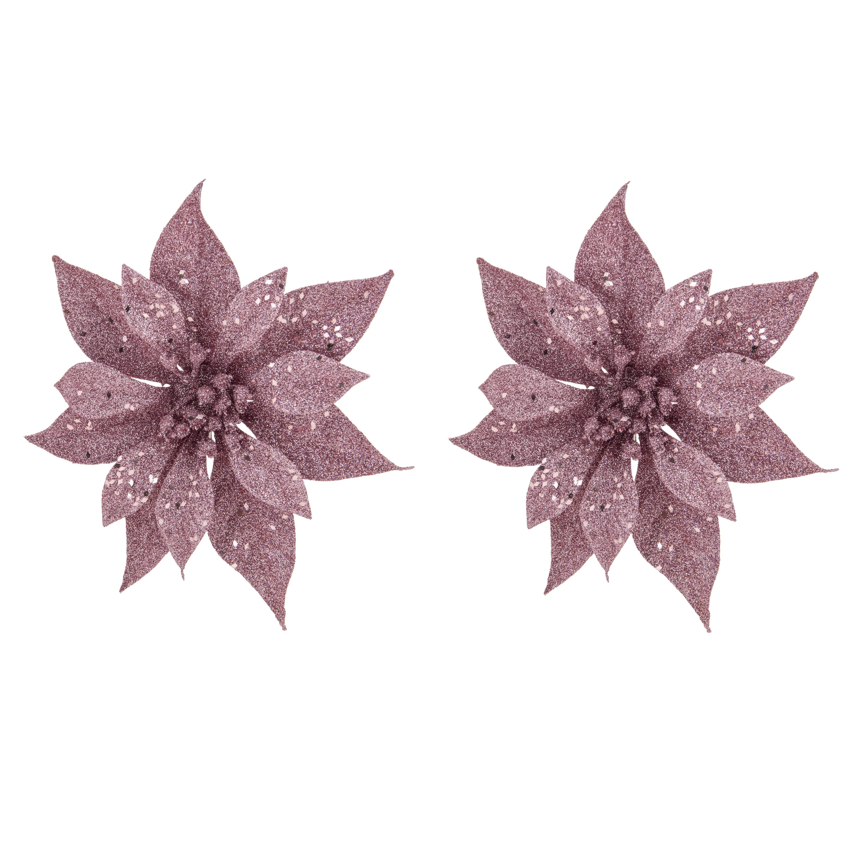 2x stuks decoratie bloemen kerstster roze glitter op clip 18 cm