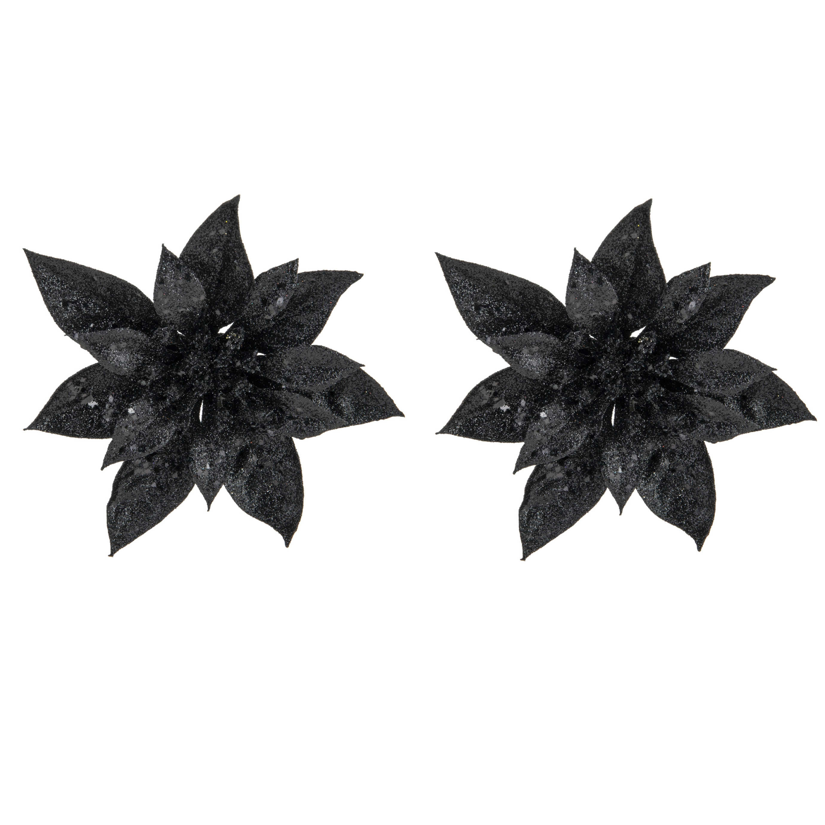 2x stuks decoratie bloemen kerstster zwart glitter op clip 15 cm