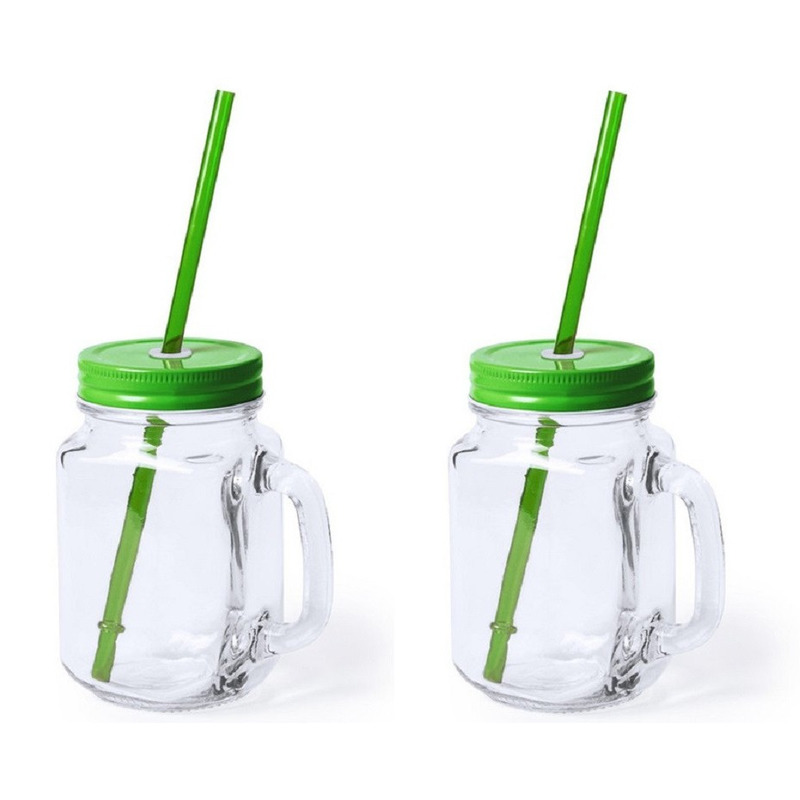 2x stuks Drink potjes van glas Mason Jar groene deksel 500 ml