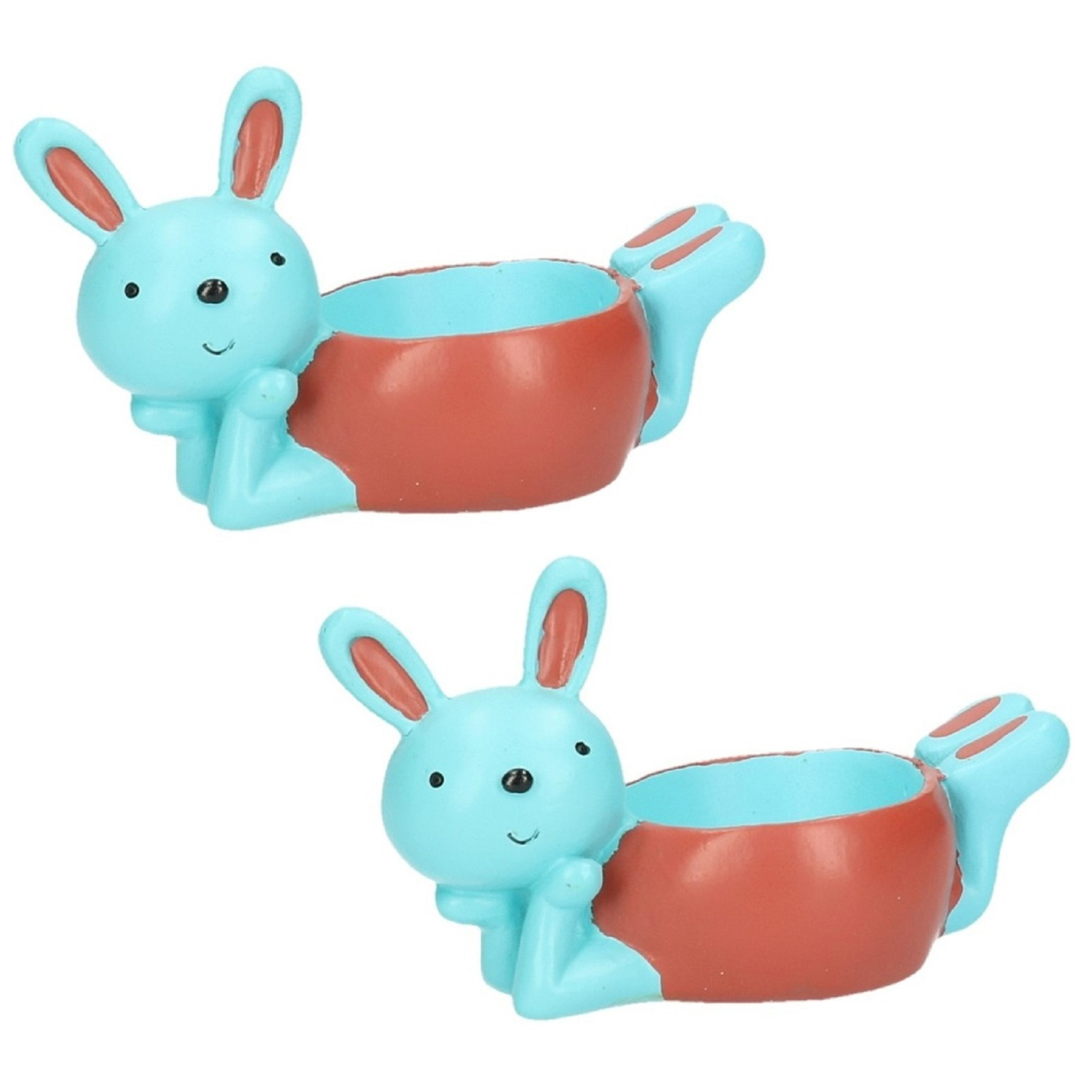 2x stuks eierdopjes liggende konijn-haas blauw-rood 10 x 6 cm
