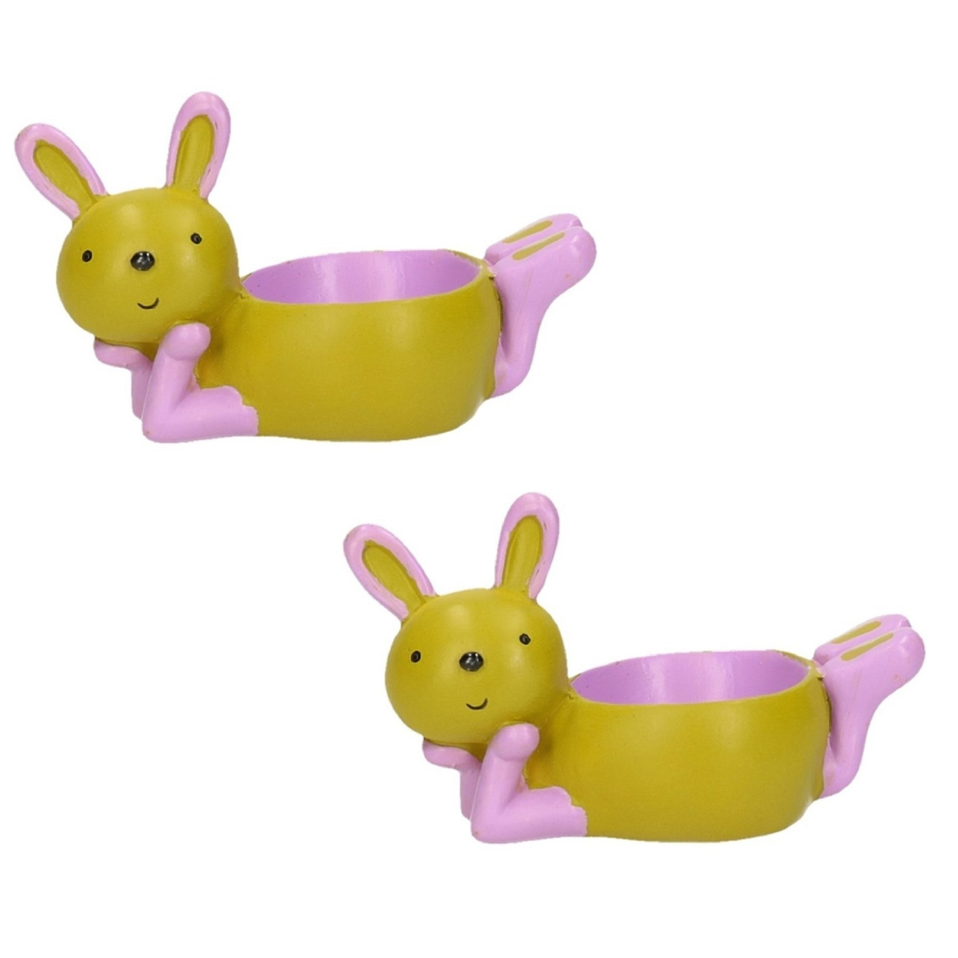 2x stuks eierdopjes liggende konijn-haas groen-paars 10 x 6 cm