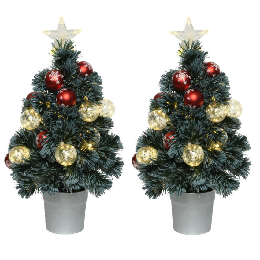 2x stuks fiber optic kerstbomen-kunst kerstbomen met verlichting en kerstballen 60 cm
