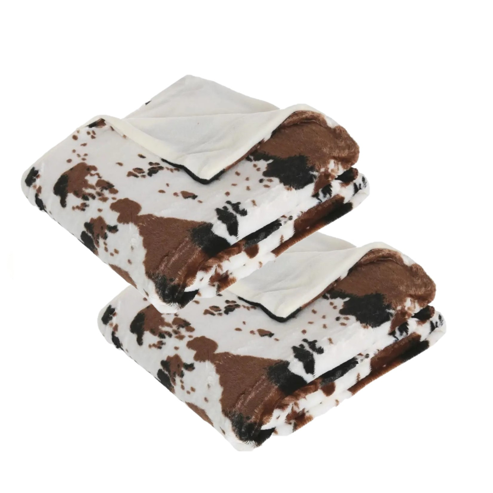 2x Stuks Fleece deken-fleeceplaid wit-bruin koeienprint 130 x 160 cm polyester