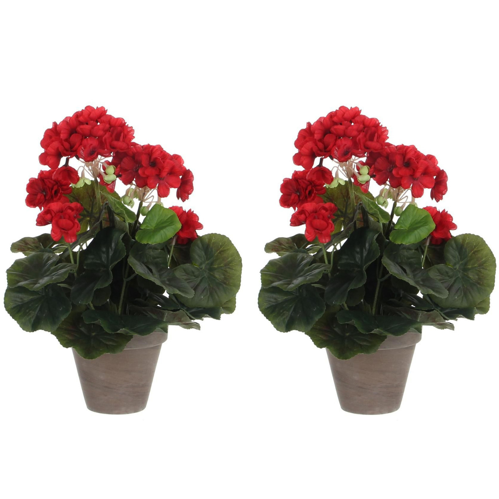 2x stuks geranium kunstplanten rood in keramieken pot H34 x D20 cm