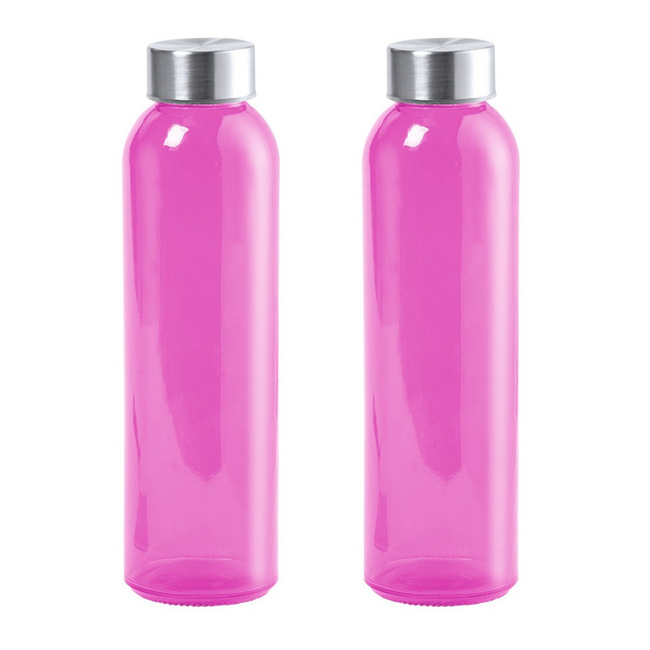 2x Stuks glazen waterfles-drinkfles fuchsia roze transparant met Rvs dop 550 ml