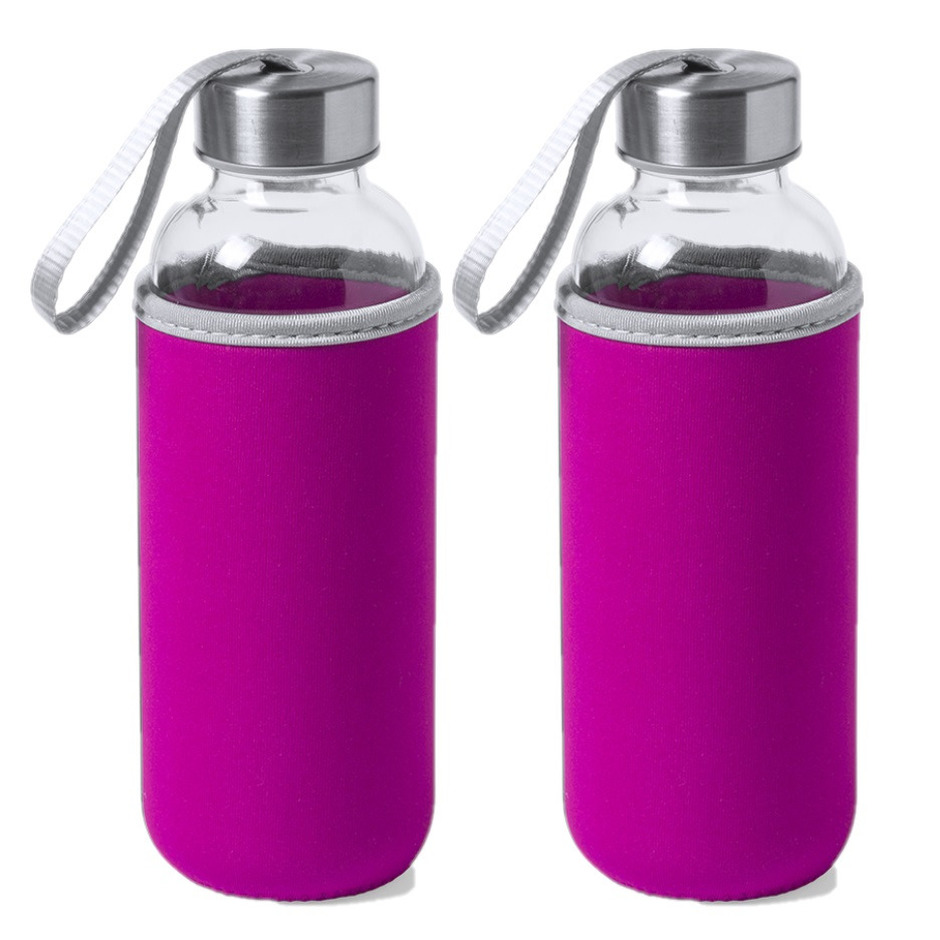 2x Stuks glazen waterfles-drinkfles met fuchsia roze softshell bescherm hoes 420 ml