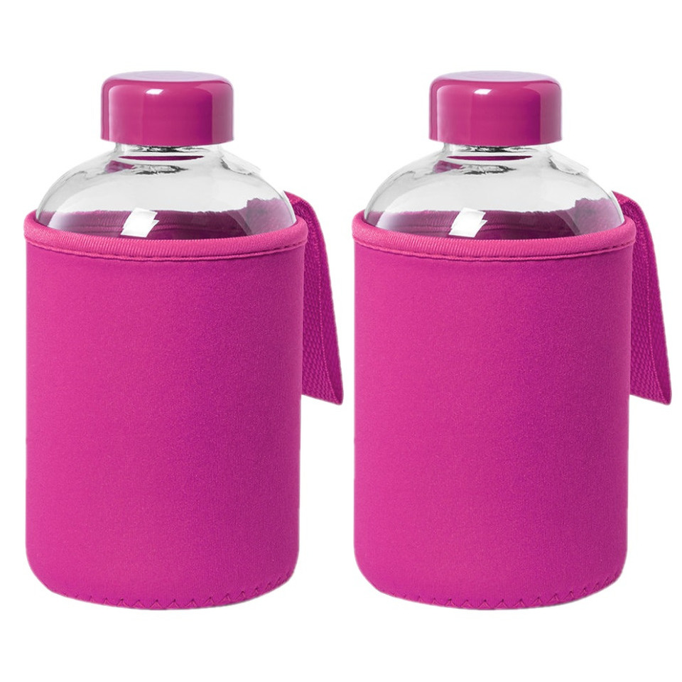 2x stuks glazen waterfles-drinkfles met fuchsia roze softshell bescherm hoes 600 ml