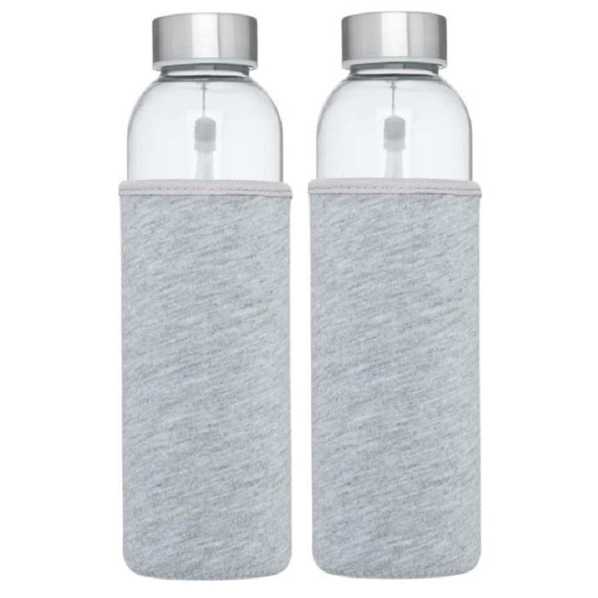 2x stuks glazen waterfles-drinkfles met grijze softshell bescherm hoes 500 ml
