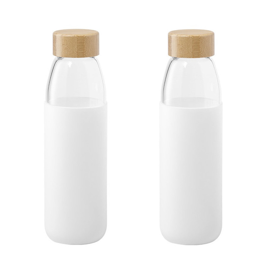 2x Stuks glazen waterfles-drinkfles met witte siliconen bescherm hoes 540 ml