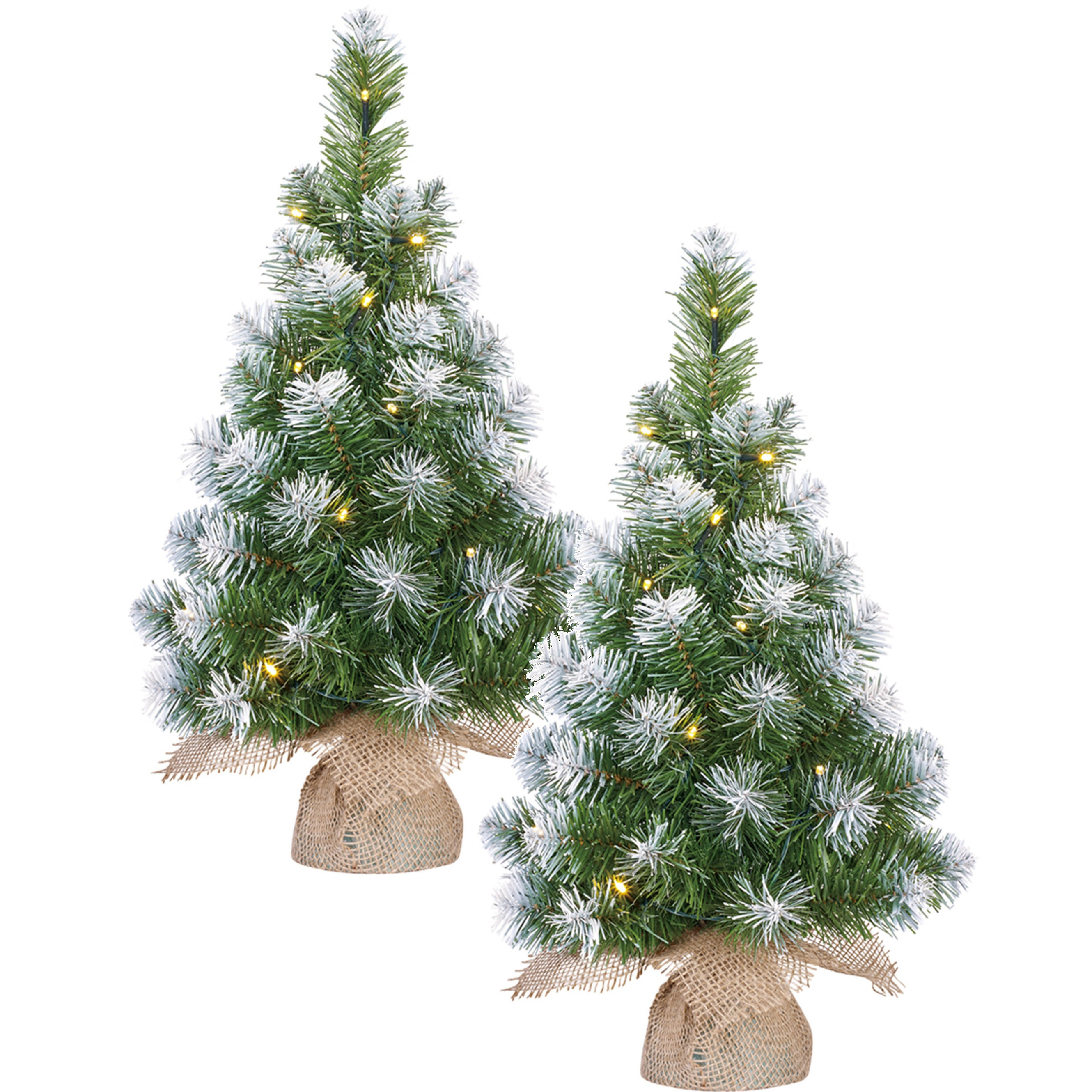 2x stuks groene LED verlichte kunstboom met 15 LED lampjes en sneeuw 60 cm