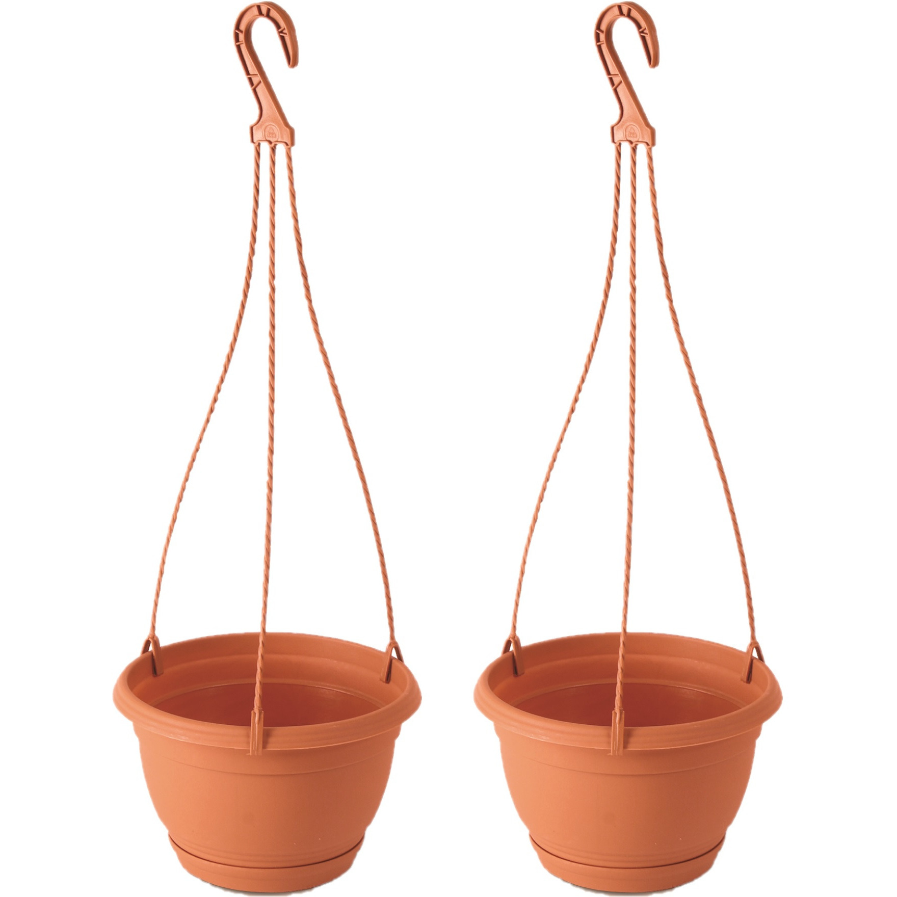 2x Stuks hangende kunststof Agro terracotta bloempot-plantenpot met schotel 3 liter