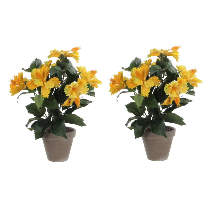 2x stuks hibiscus kunstplanten geel in grijze pot H40 x D30 cm