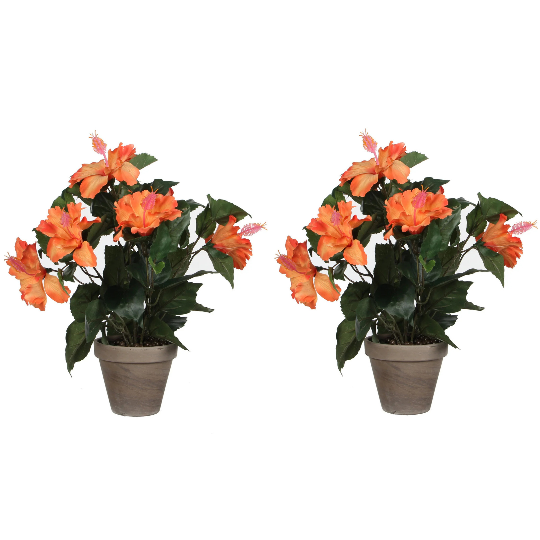 2x stuks hibiscus kunstplanten oranje in grijze pot H40 x D30 cm