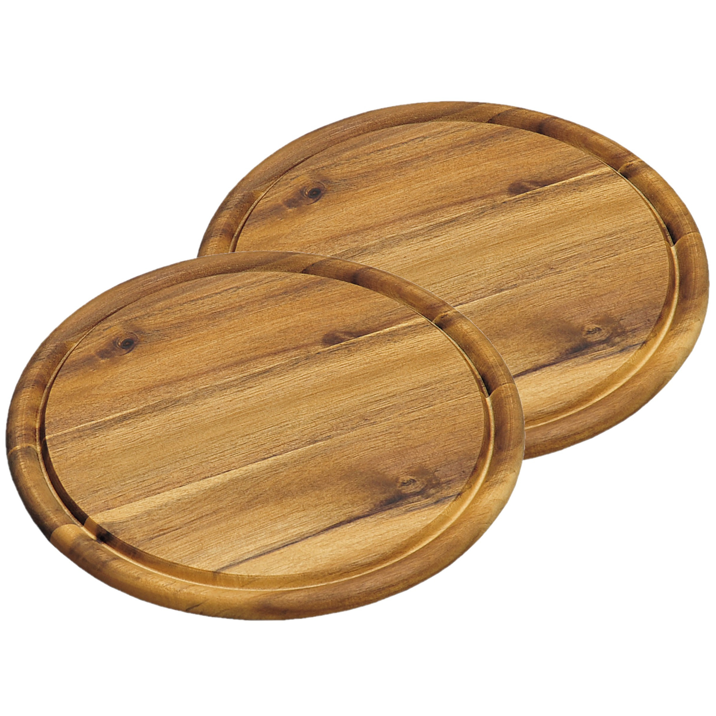 2x stuks houten broodplanken-serveerplanken rond met sapgroef 25 cm