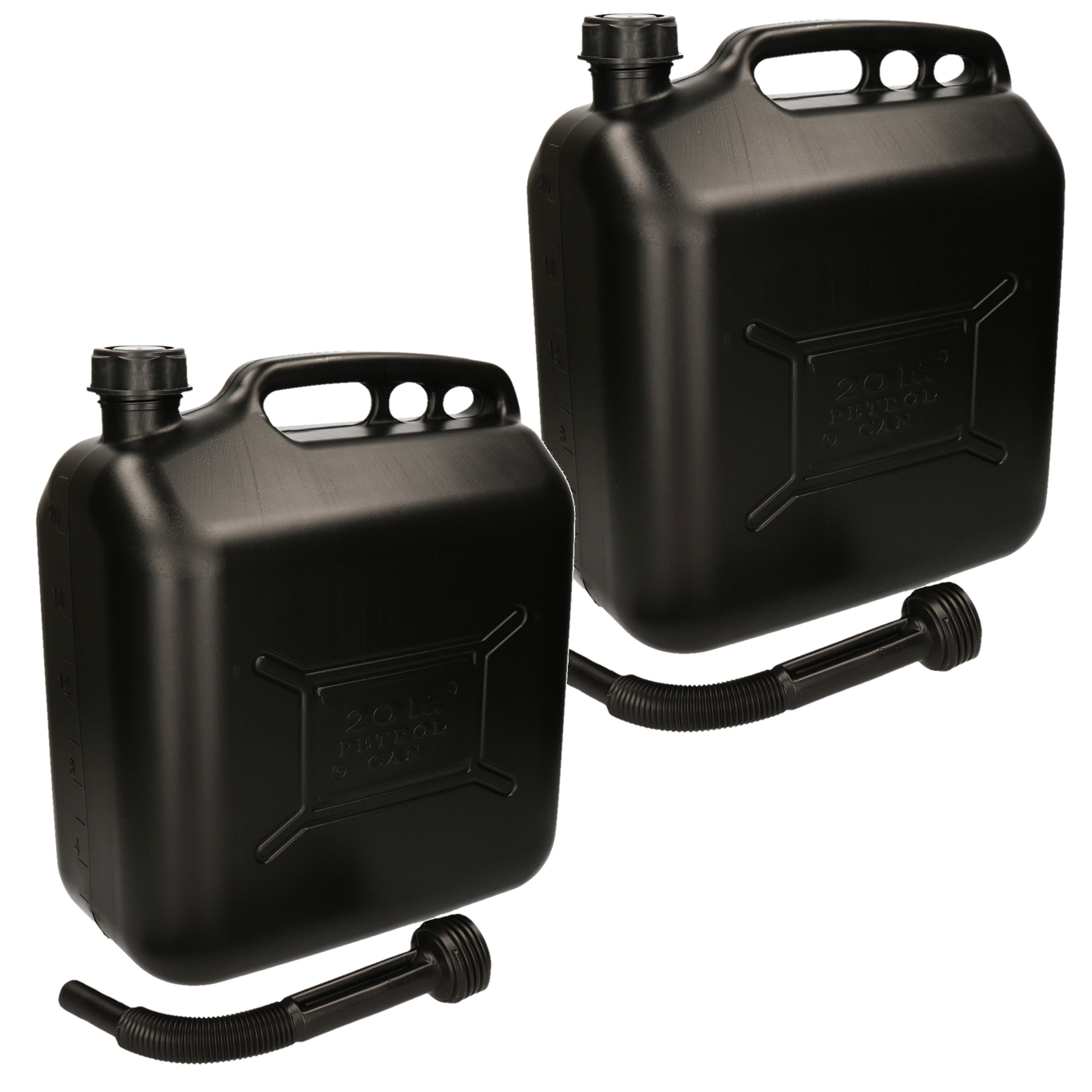 2x stuks jerrycans-benzinetanks 20 liter zwart met anti-overlooptrechter voor benzine en diesel