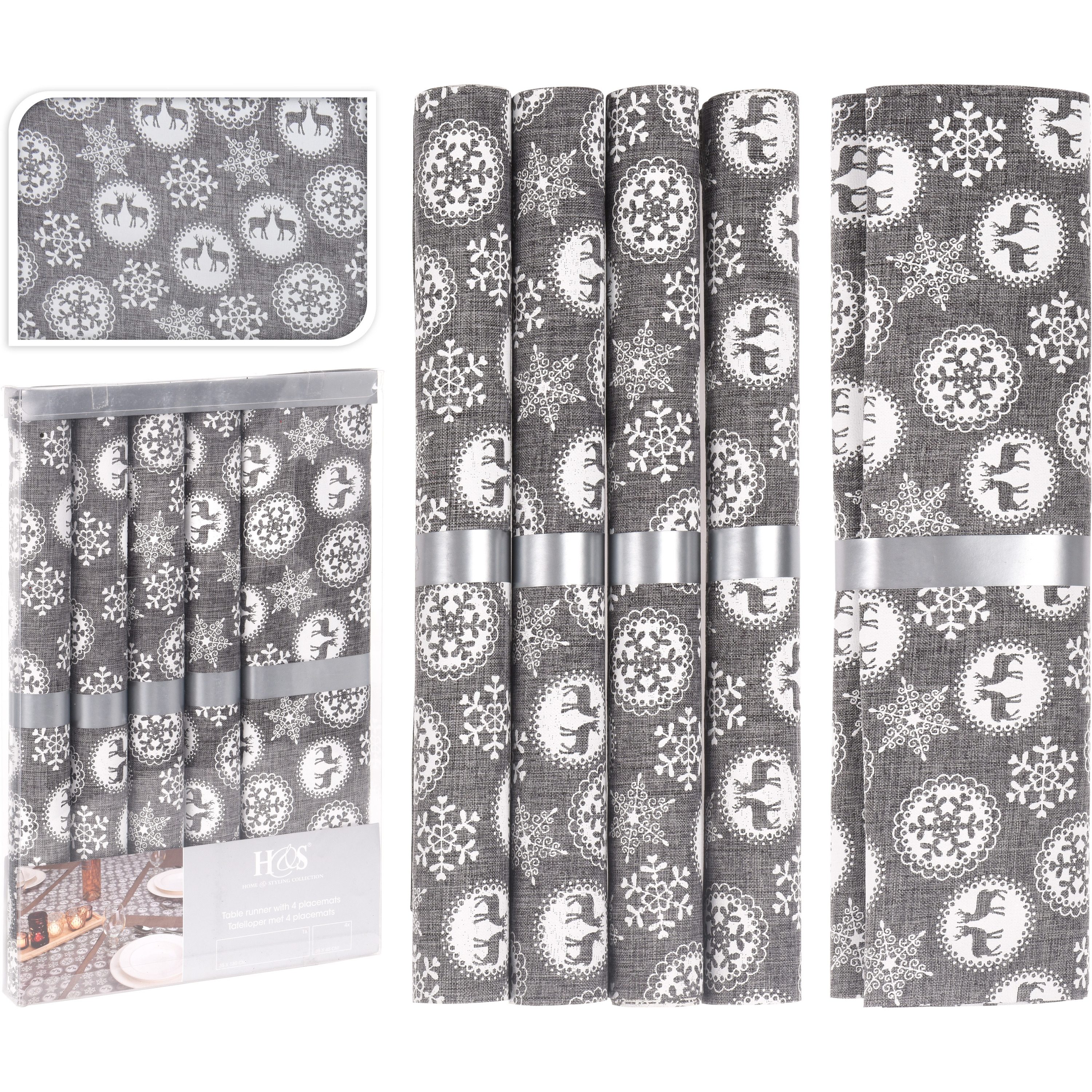 2x stuks kerst tafelaankleding-tafeldecoratie grijze tafellopers met 10x placemats grijs