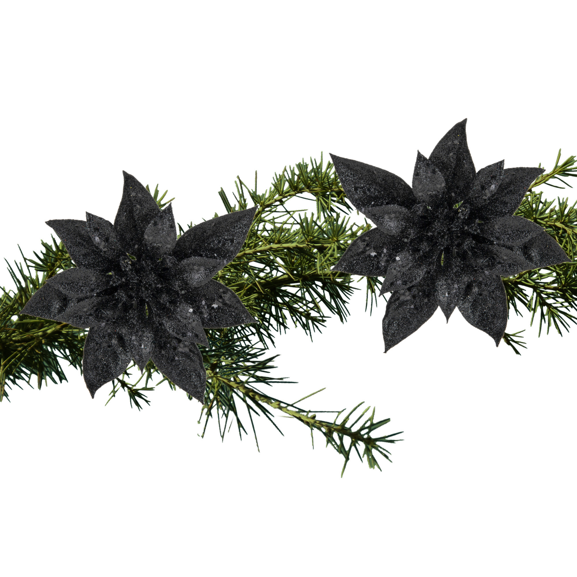 2x stuks kerstboom bloemen kerstster zwart glitter op clip 15 cm