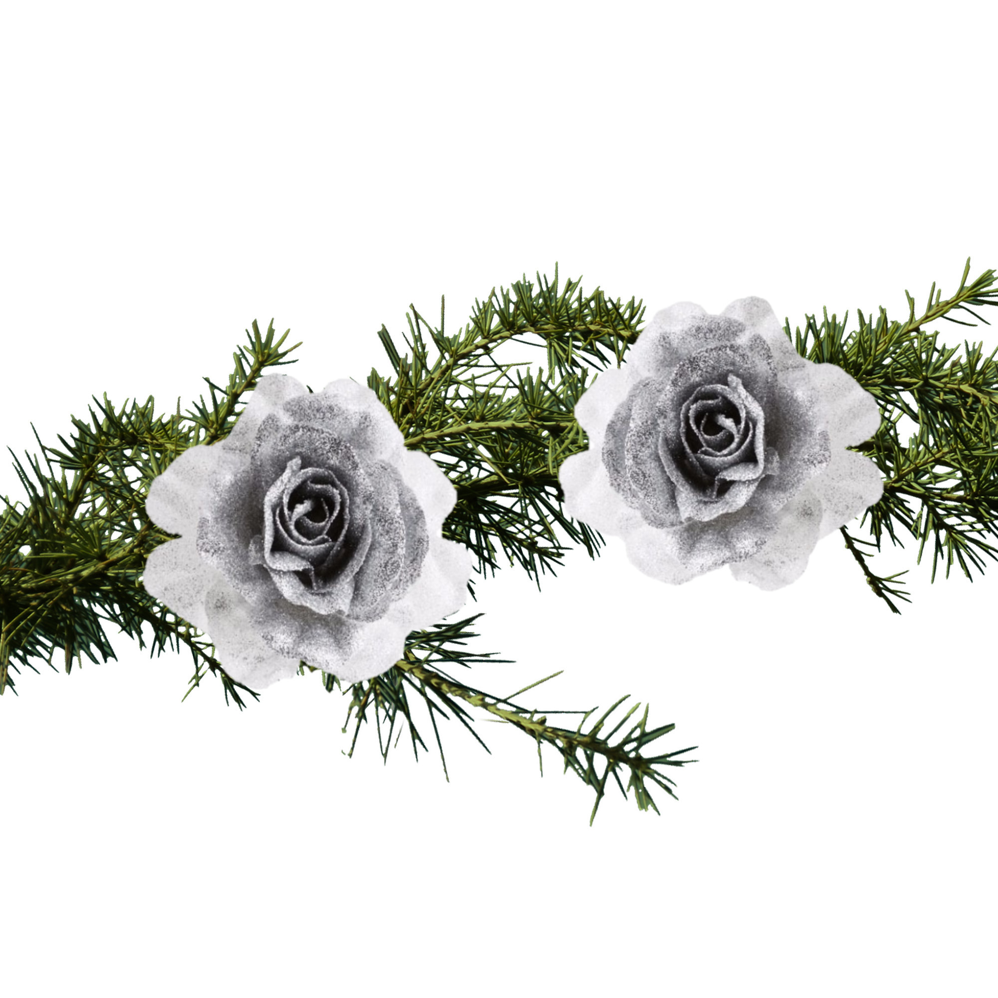 2x stuks kerstboom bloemen op clip zilver-wit en besneeuwd 18 cm