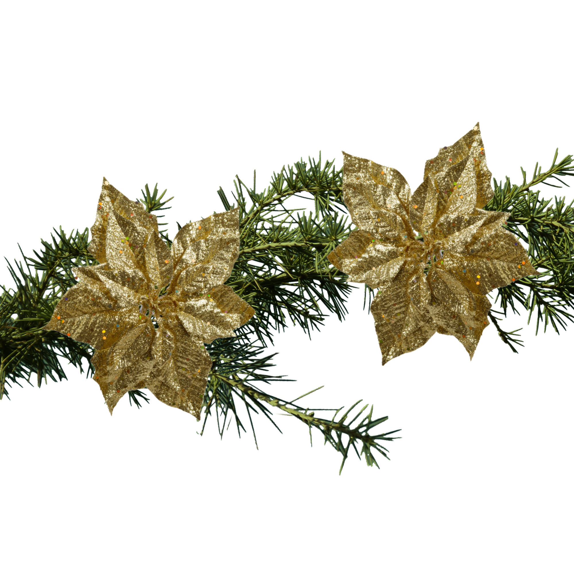 2x stuks kerstboom decoratie bloemen goud glitter op clip 23 cm