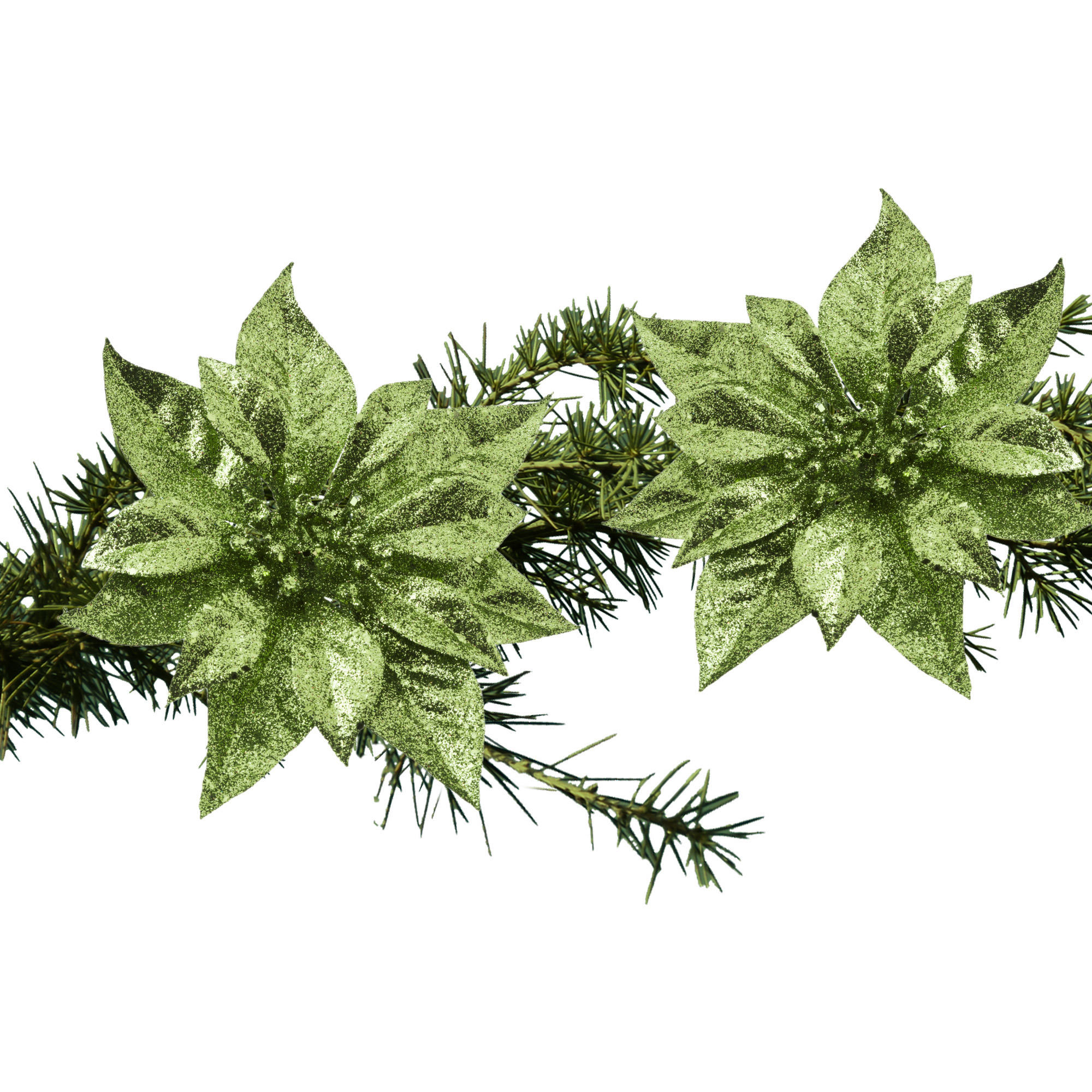 2x stuks kerstboom decoratie bloemen groen glitter op clip 18 cm