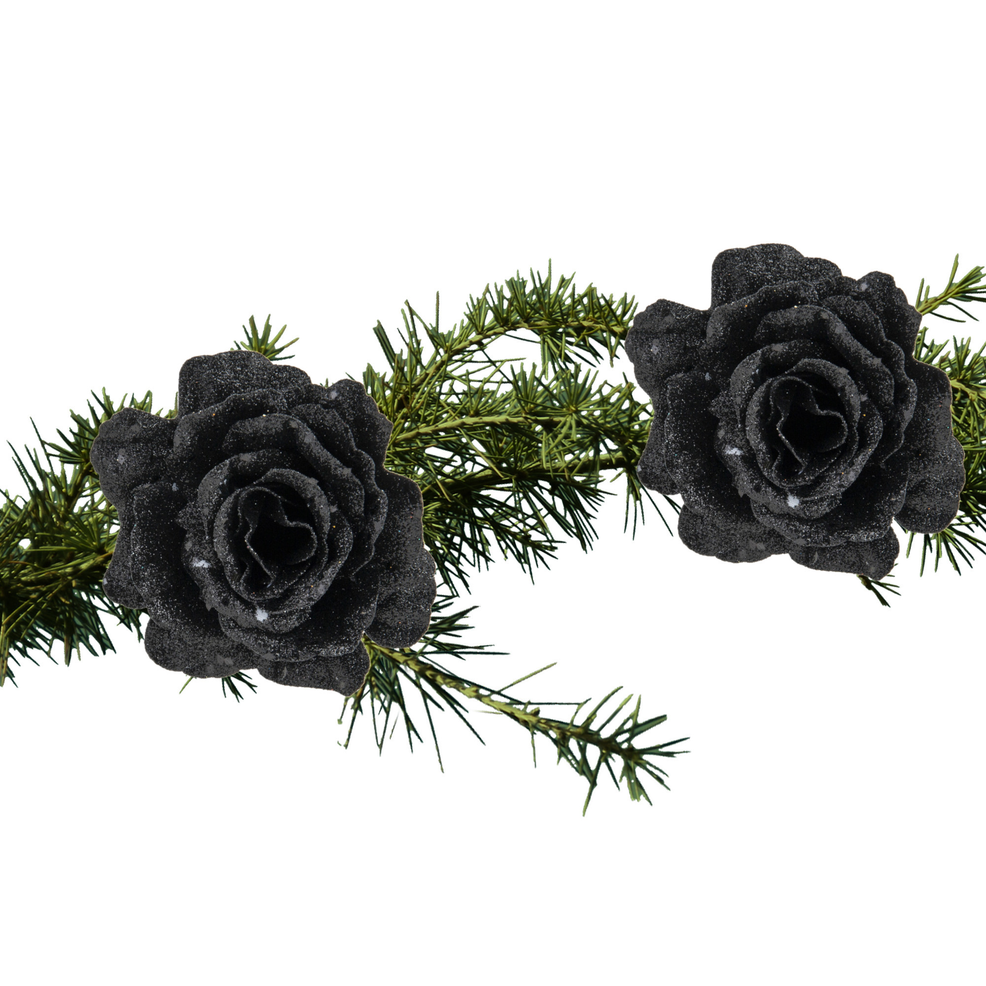 2x stuks kerstboom decoratie bloemen roos zwart glitter op clip 10 cm