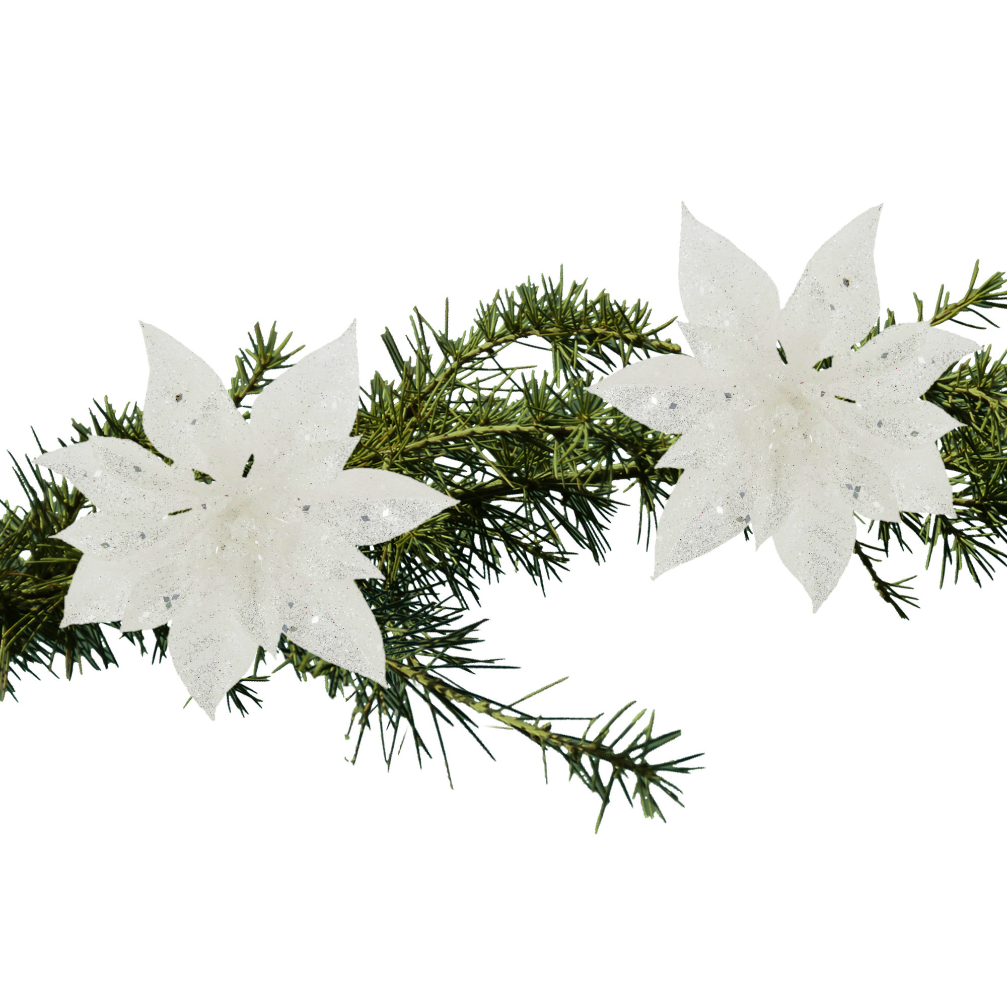 2x stuks kerstboom decoratie bloemen wit glitter op clip 15 cm