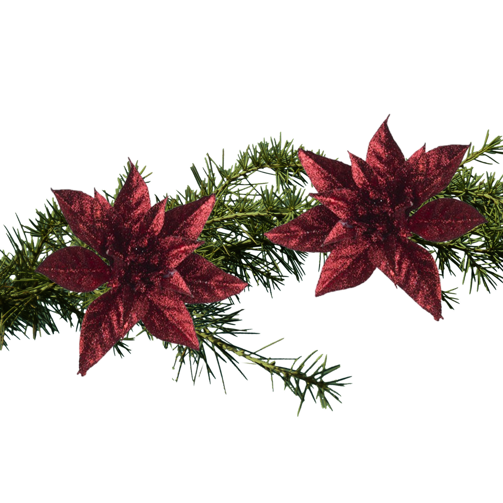 2x stuks kerstboom decoratie glitter bloemen op clip donkerrood 8 cm