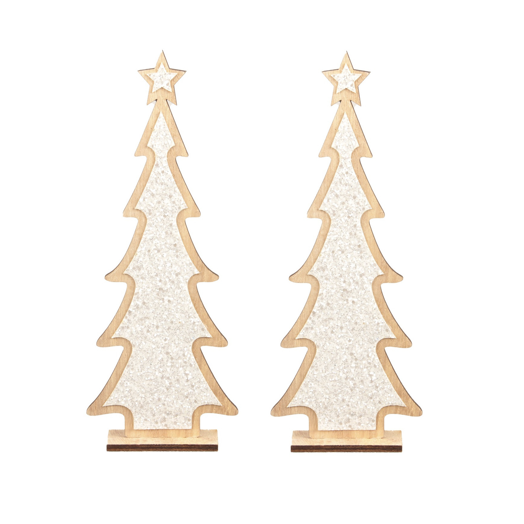 2x stuks kerstdecoratie houten kerstboom glitter wit 35,5 cm