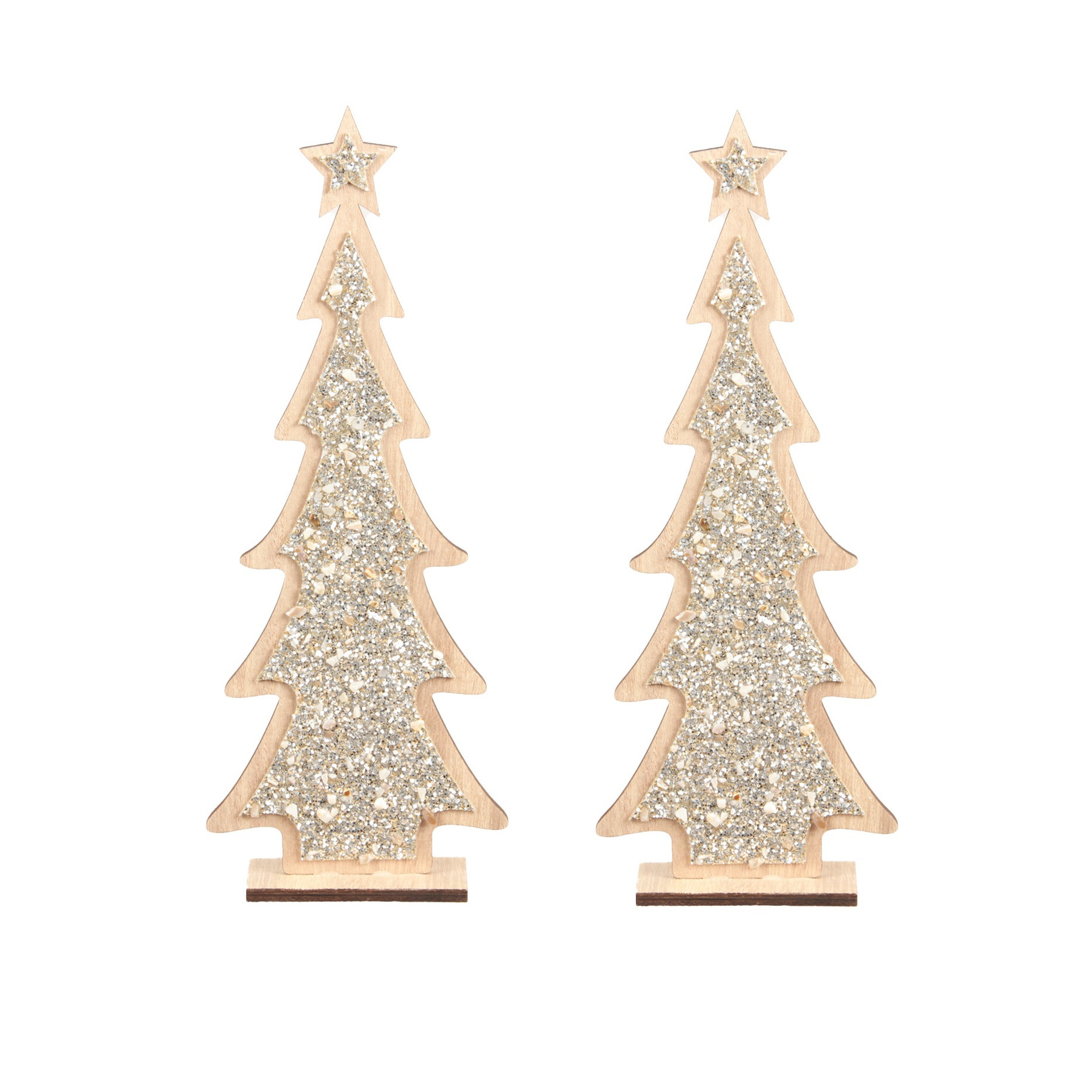 2x stuks kerstdecoratie houten kerstboom glitter zilver 35,5 cm decoratie kerstbomen