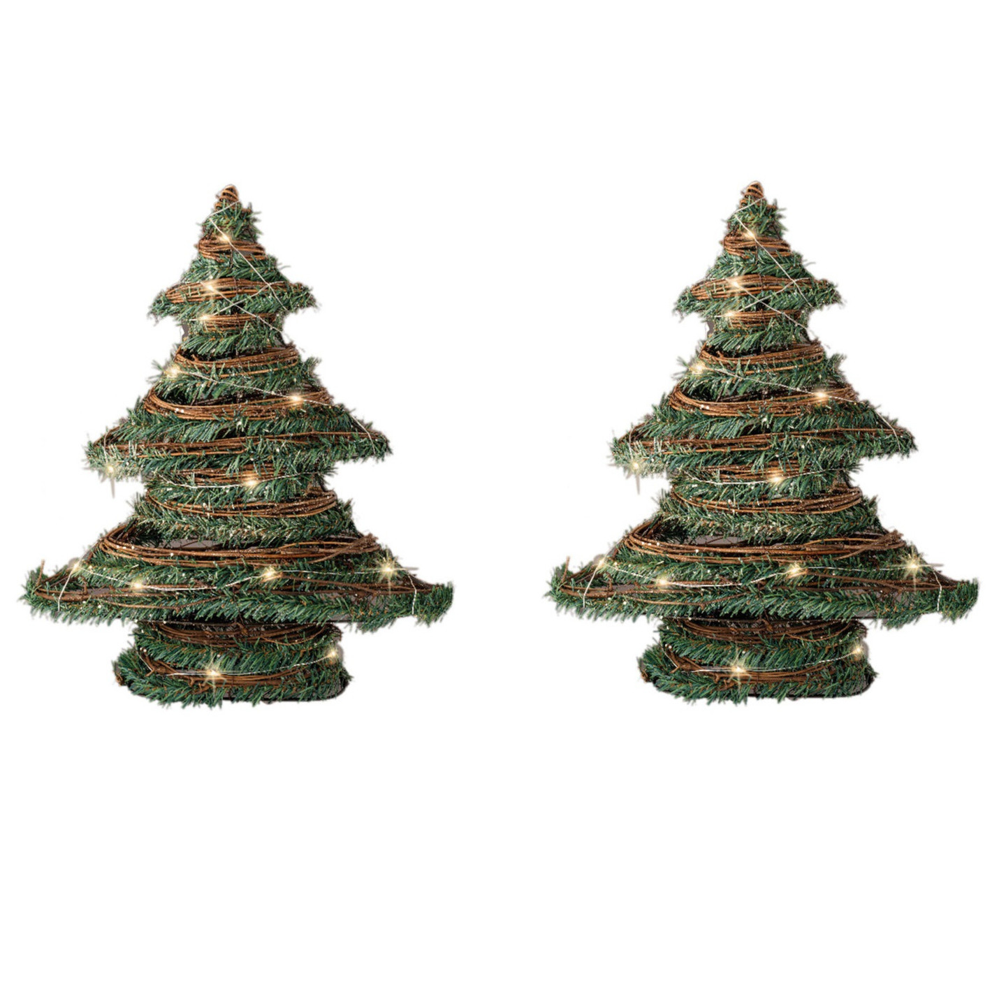 2x stuks kerstdecoratie rotan decoratie kerstboom groen met verlichting H40 cm