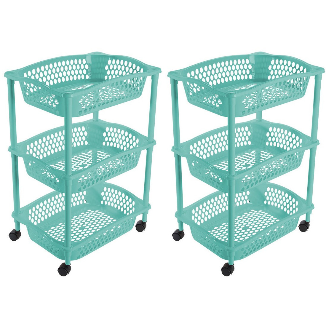 2x stuks keuken opberg trolleys-roltafels met 3 manden 62 cm turquoise blauw