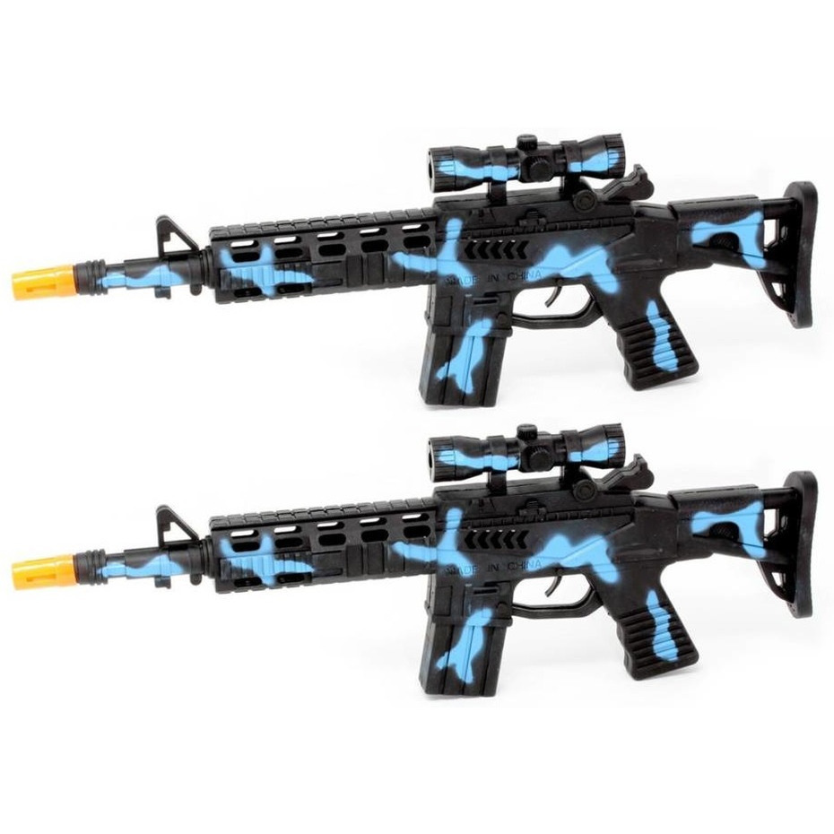 2x stuks kinder speelgoed verkleedwapen-machinegeweer soldaten-leger met licht en geluid 40 cm blauw