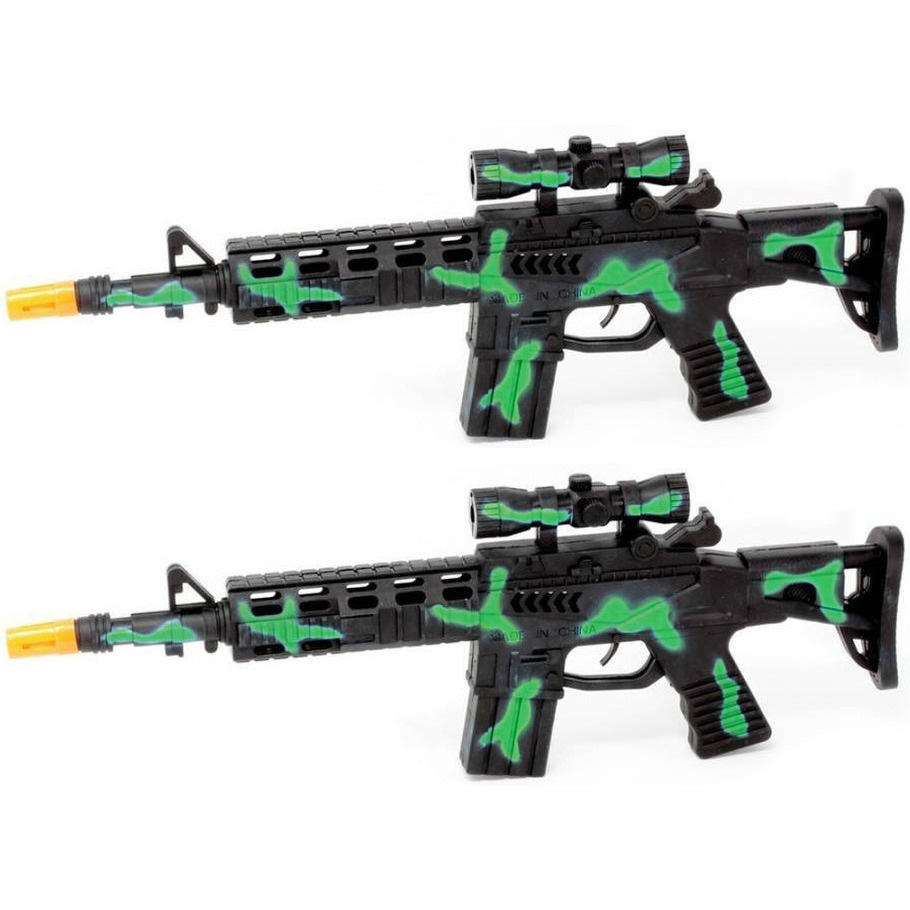 2x stuks kinder speelgoed verkleedwapen-machinegeweer soldaten-leger met licht en geluid 40 cm groen