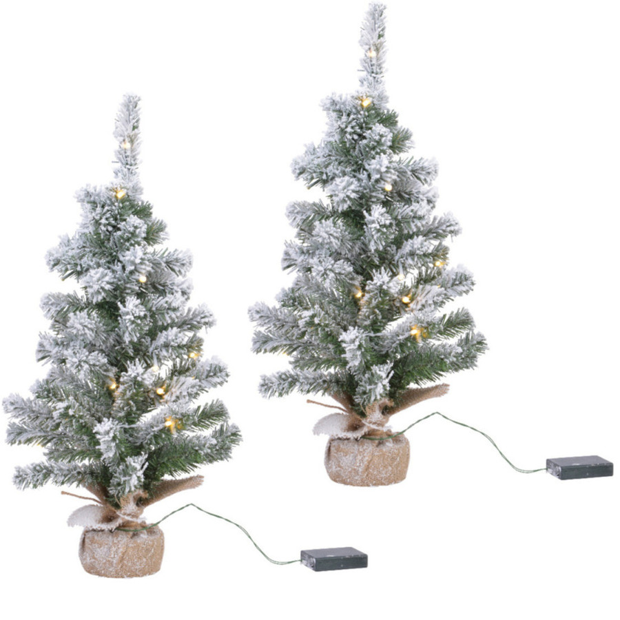 2x stuks kunstbomen-kunst kerstbomen met sneeuw en licht 90 cm