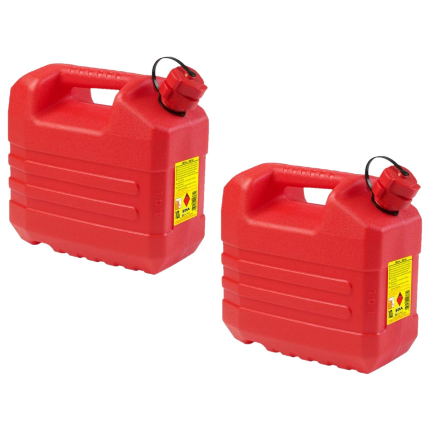 2x stuks kunststof jerrycans 10 liter rood geschikt voor gevaarlijke vloeistoffen L32 x B18 x H30 cm
