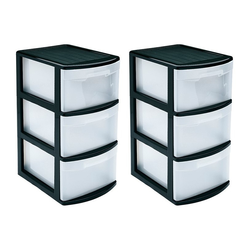 2x stuks ladeblok-bureau organizer met 3x lades zwart-transparant L39 x B28.5 x H58.5 cm