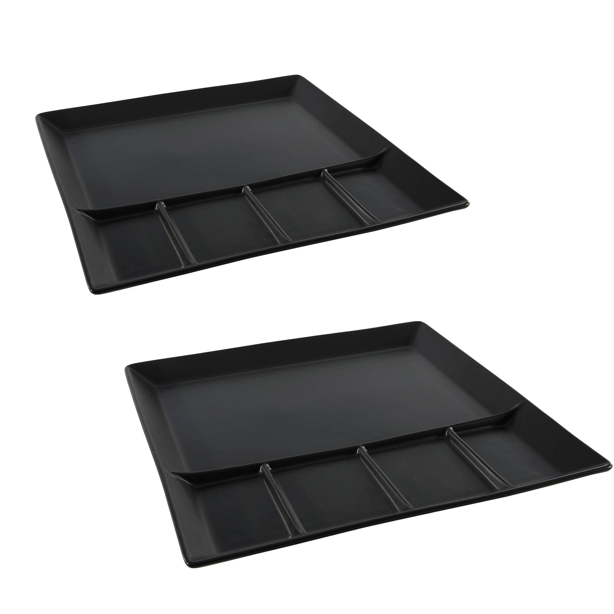 2x stuks mat zwart fondue-gourmet bord 5-vaks vierkant aardewerk 24 cm