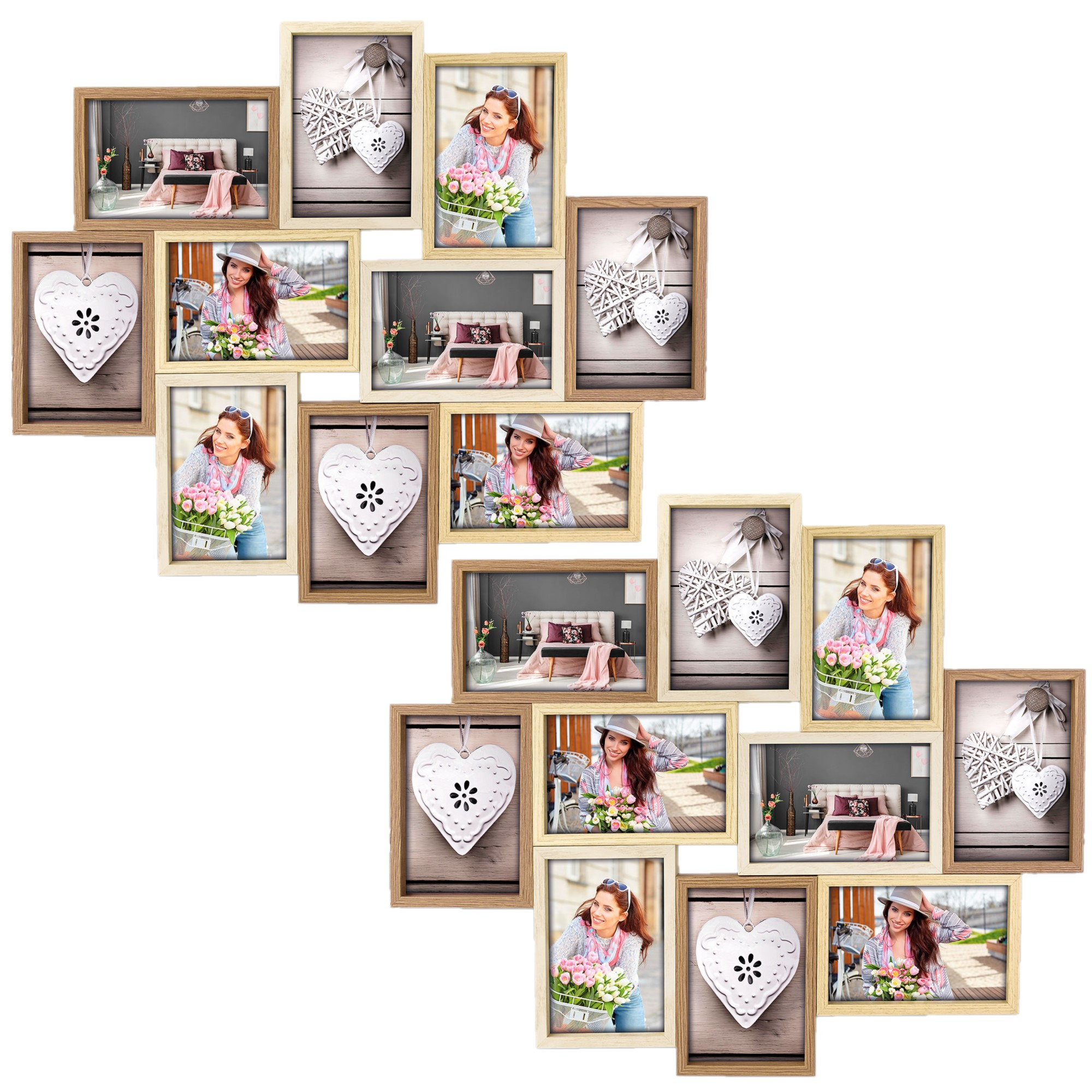2x stuks multi fotolijst met houten frame met 10 lijstjes geschikt voor een foto van 10 x 15 cm