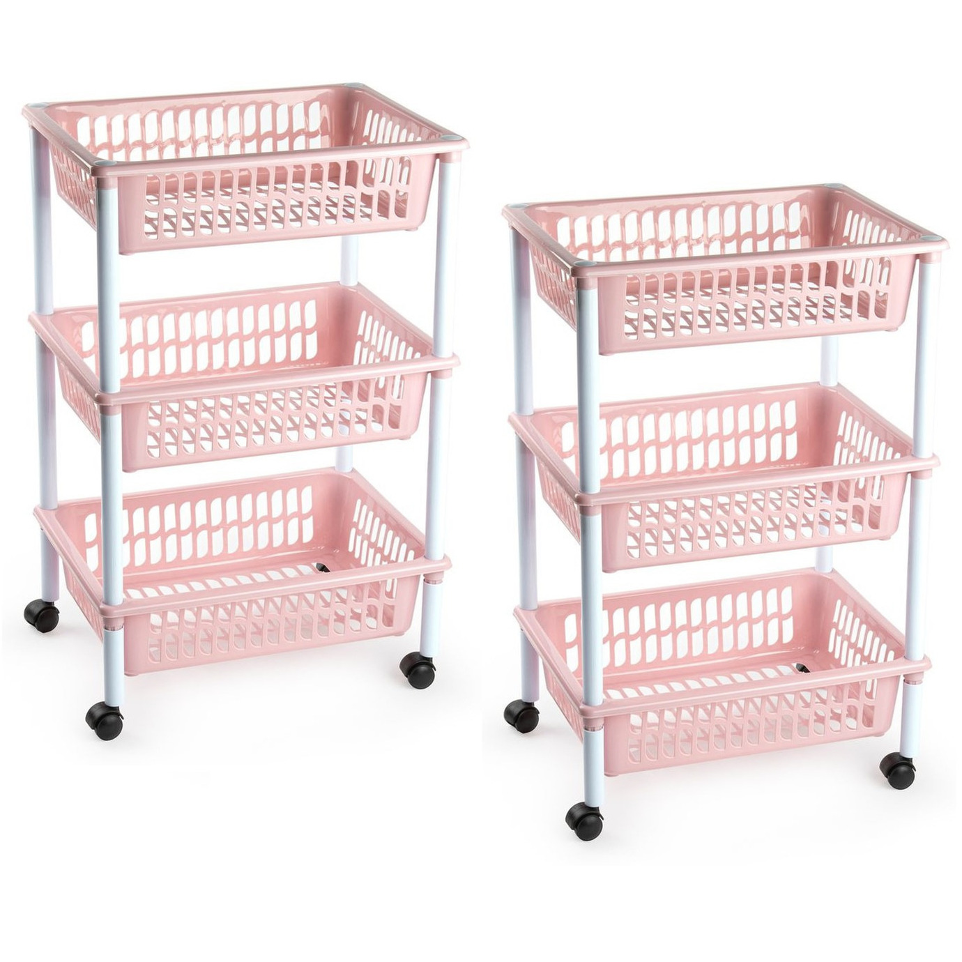 2x stuks opberg organiser trolleys-roltafels met 3 manden 62 cm in het oud roze