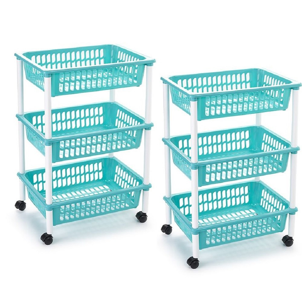 2x stuks opberg organiser trolleys-roltafels met 3 manden 62 cm in het turquoise blauw