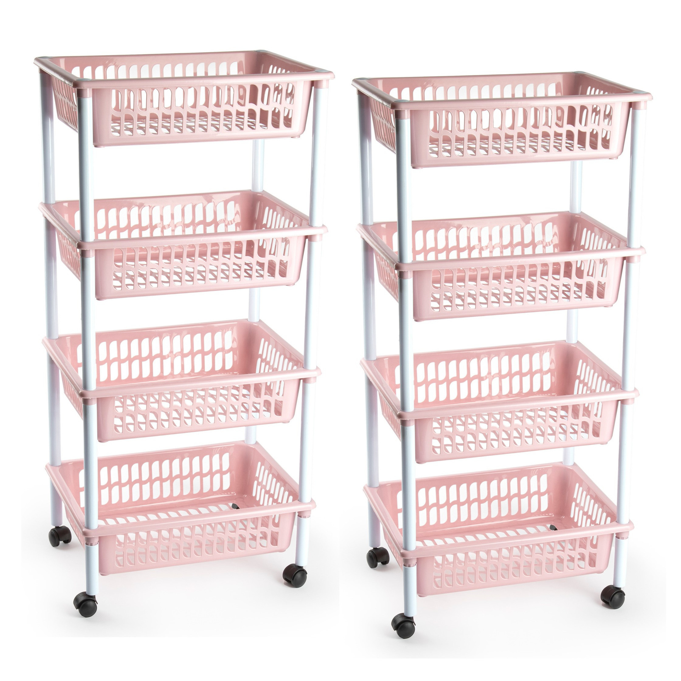 2x stuks opberger-organiser trolley-roltafel met 4 manden 85 cm oud roze