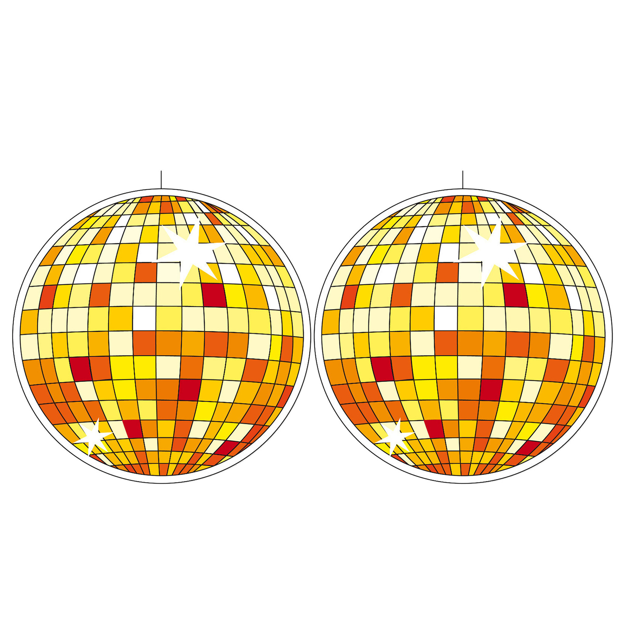 2x stuks Seventies eighties disco thema hangende discobol decoraties geel 28 cm