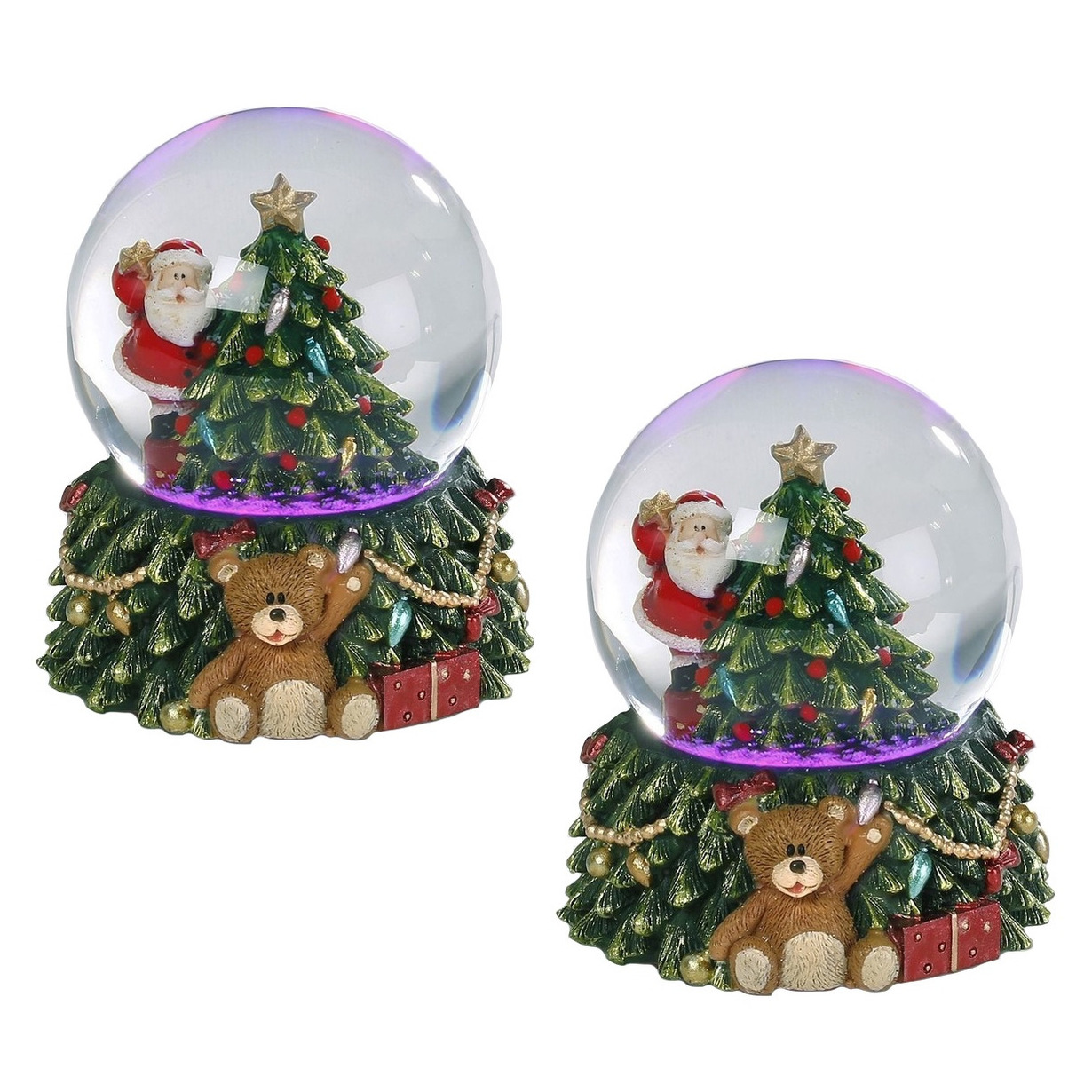 2x stuks sneeuwbol met kerstman en kerstboom inclusief LED lampje