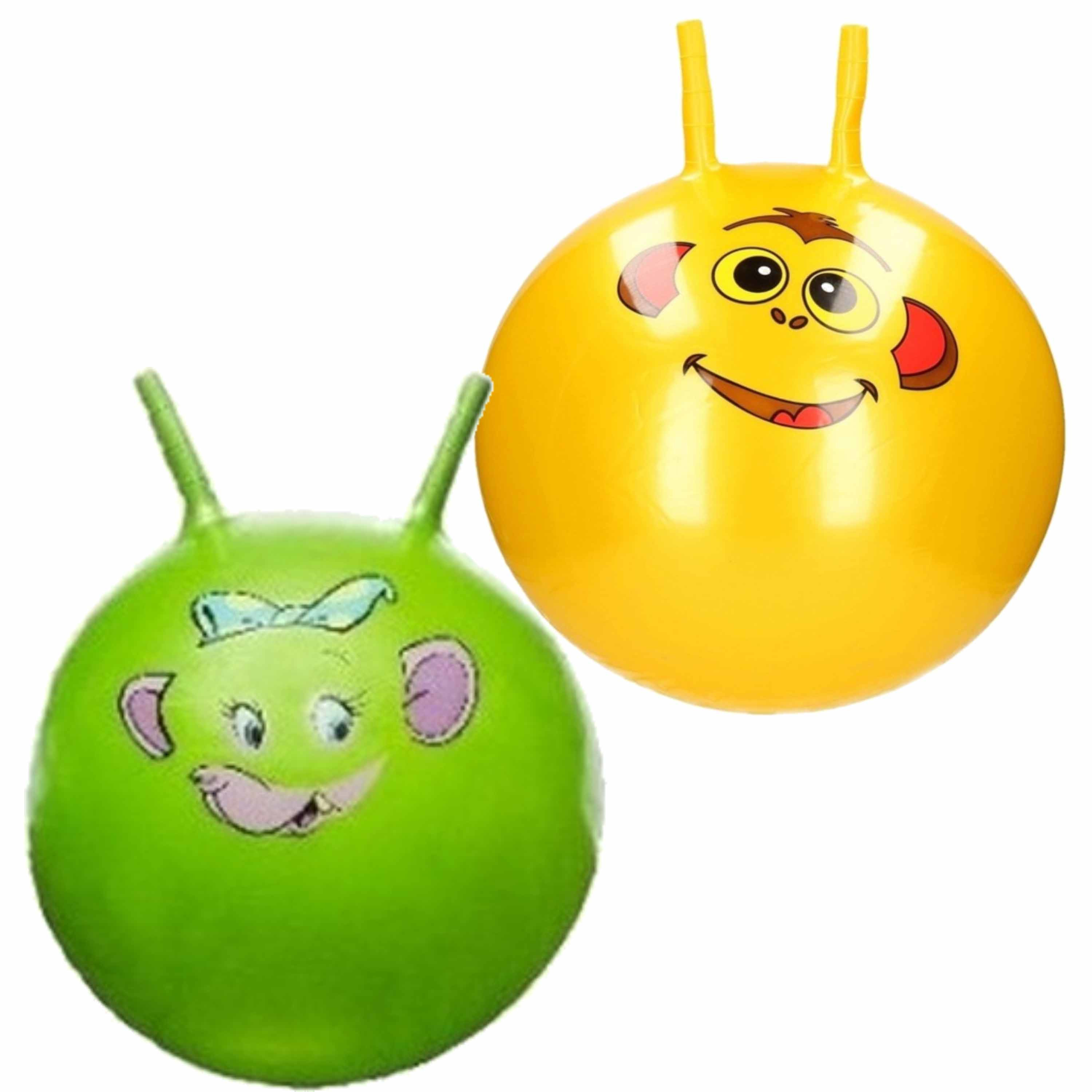 2x stuks speelgoed Skippyballen met dieren gezicht geel en groen 46 cm
